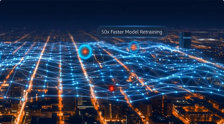 Digital cityscape with network visualization representing malware detection coverage