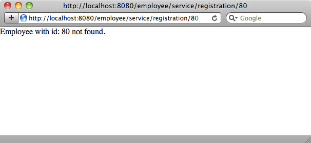 Browser view of the error returned when employee number 80 is found