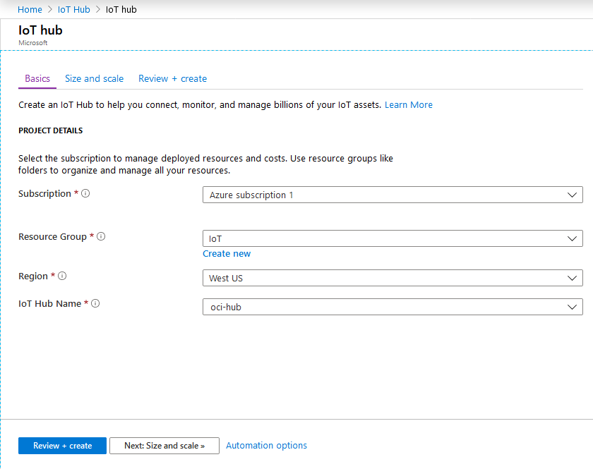 Figure 6. Azure IoT Hub Creation Console