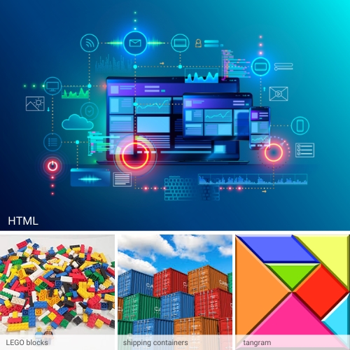 Figure 3. “Middle-out” situations: an abstraction serves to mediate between too much and too little detail (HTML, shipping containers, LEGO blocks, tangram)