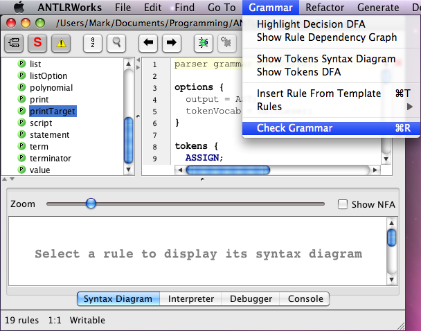 ANTLRWorks Check Grammar 1